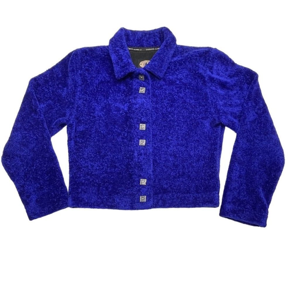 COUNTY CLOTHING‎ Cropped Fleece Jacket Women's Small Blue/Purple Artsy Buttons - Picture 4 of 15